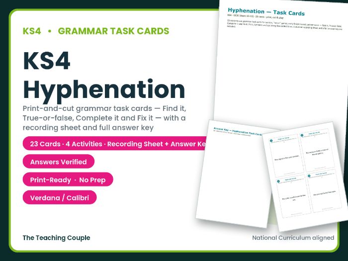 KS4 Hyphenation Task Cards – 23 Grammar Cards + Answer Key