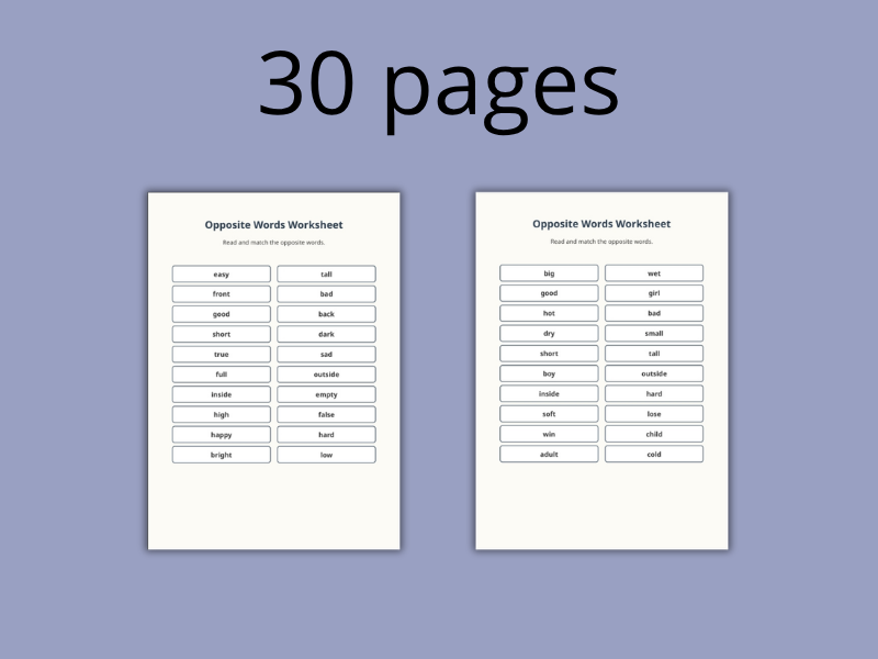 Comprehensive Opposite Words Practice Pack
