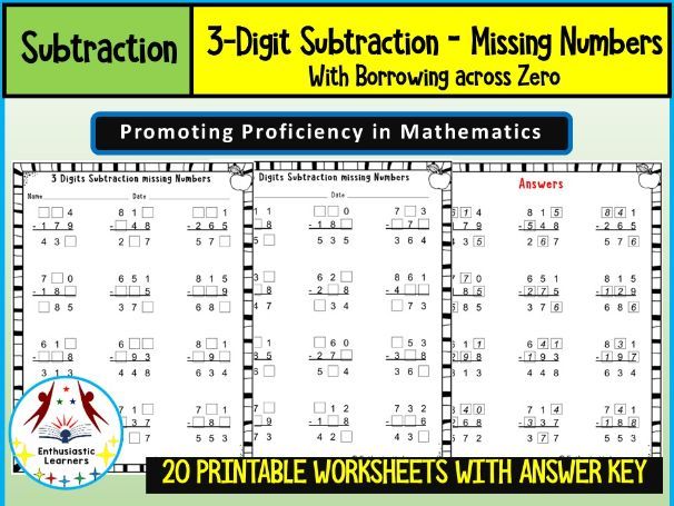 3-Digit Subtraction with Borrowing Across Zero – Missing Numbers Worksheets Math