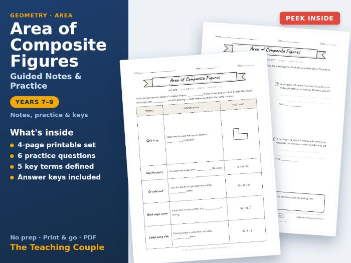 Area of Composite Figures Guided Notes + Answer Keys | Years 7-9