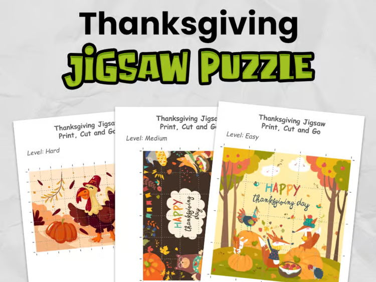Thanksgiving Jigsaw Puzzle | Easy, Medium and Hard puzzles to print, Cut & Game!