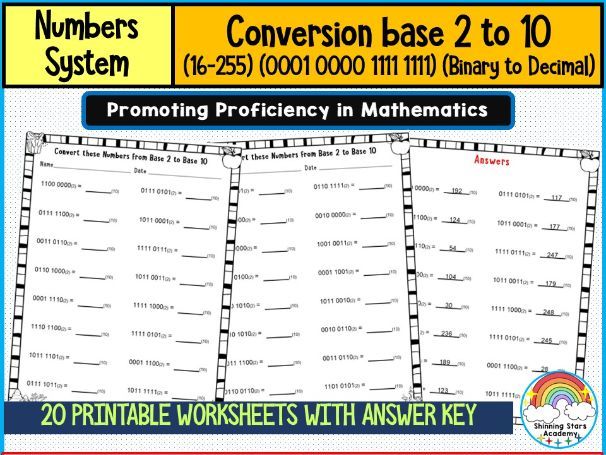 Conversion Base 2 to 10 (16–255) Worksheets | Binary to Decimal Conversion Number System Practice