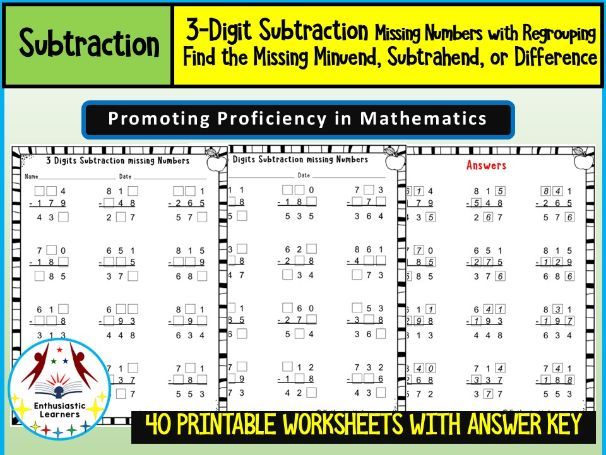 3-Digit Subtraction with Regrouping – Missing Numbers Worksheets math