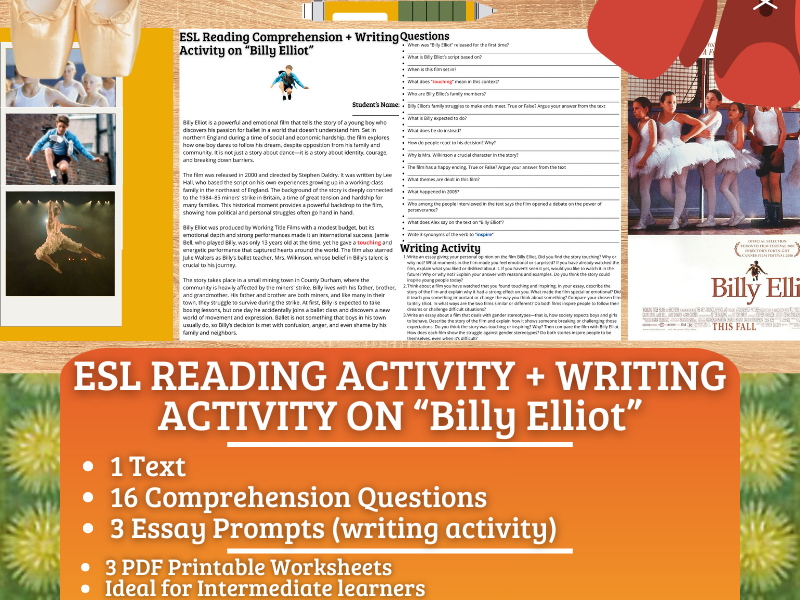 ESL Reading Comprehension + Writing Activity Worksheets on "Billy Elliot"