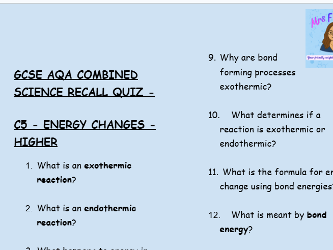 GCSE Chemistry C5 Energy Changes – 30 Higher Retrieval Questions | AQA + Answers