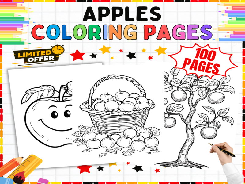 100 Apples Colouring Pages - Fall Autumn Theme | Apple Trees Baskets | Brain Break Art Worksheets