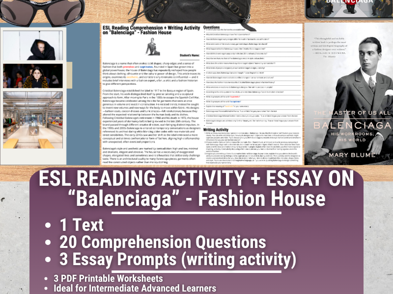 ESL Reading Comprehension + Writing Activity Worksheets - Balenciaga - Spanish French Fashion House