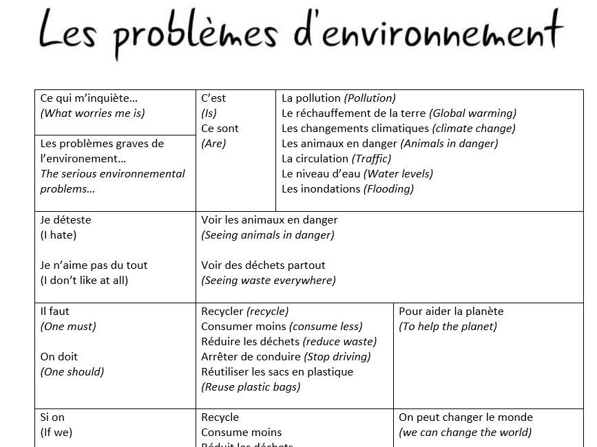 Les problemes d'environnement Sentence builder GCSE French AQA