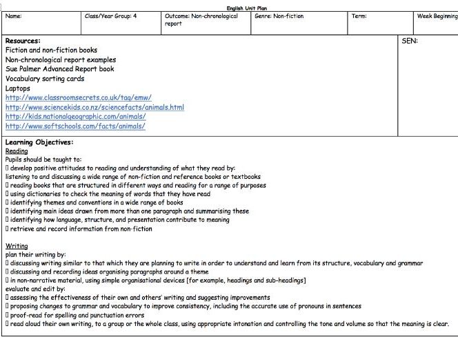 Lower KS2 Year 4 English Non-Chronlogical Reports Planning 8 Lessons - Animals/Habitats