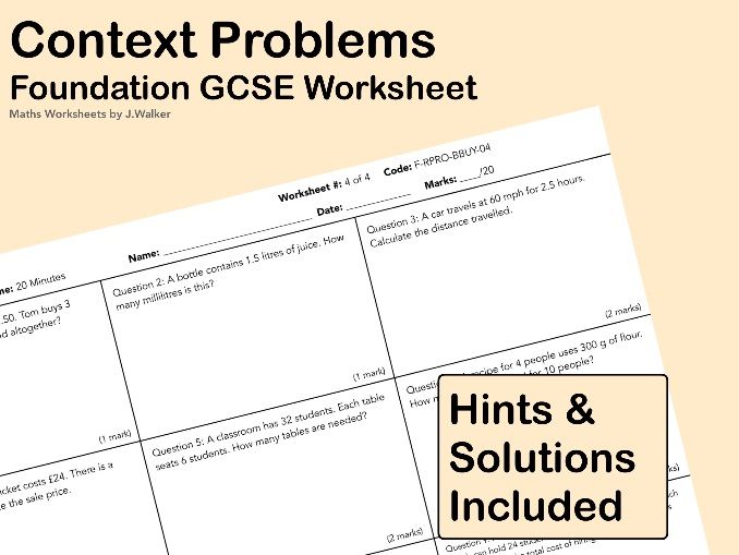 GCSE Maths Worksheet: Context Problems - Foundation Tier