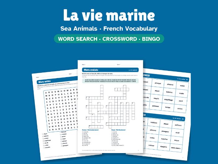 Sea Animals in French: Word Search, Crossword & Bingo