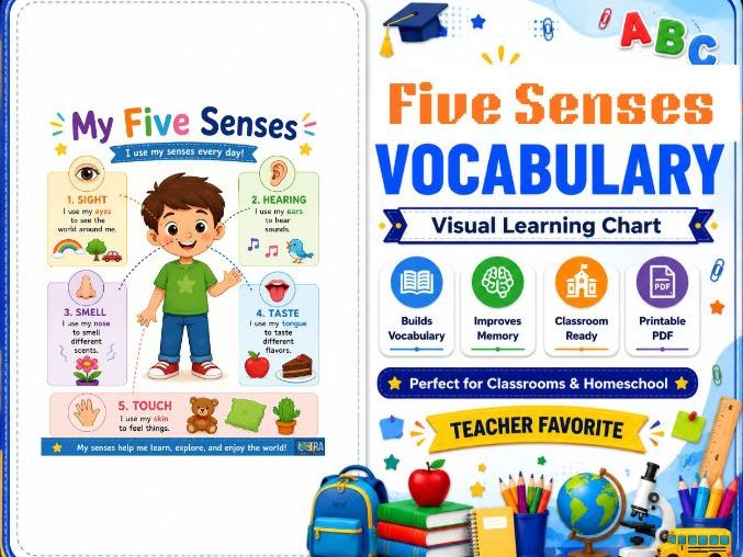 Printable My Five Senses Poster – Visual English Vocabulary & Science Learning Chart for Preschool,