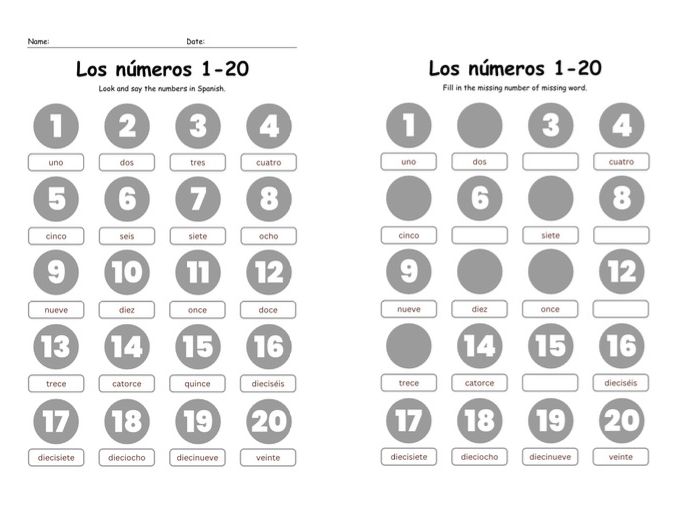 Numbers 1-20 (los números)