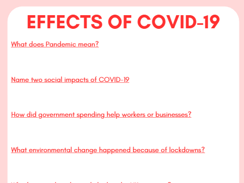 Effects of COVID-19 - PSHE/PD Ks3/4