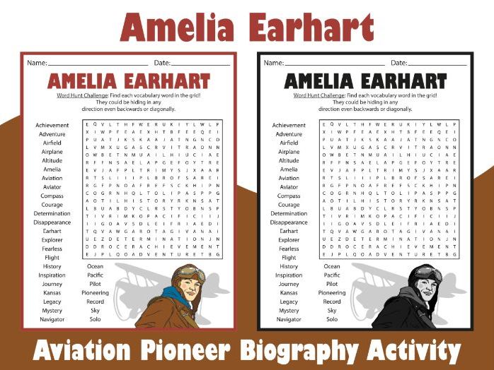 Amelia Earhart Word Search Puzzle | Aviation Pioneer Biography Activity