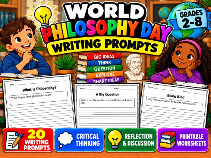 World Philosophy Day Writing Prompts | 20 Printable Worksheets | Grades 2–8