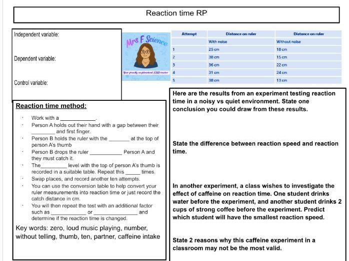 REACTION TIME REQUIRED PRACTICAL WORKSHEET