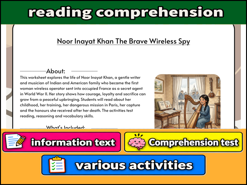 Noor Inayat Khan The Brave Wireless Spy  & Comprehension Test