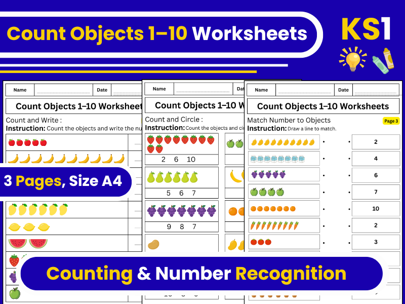 Count Objects 1–10 Worksheets | Counting & Number Recognition | KS1