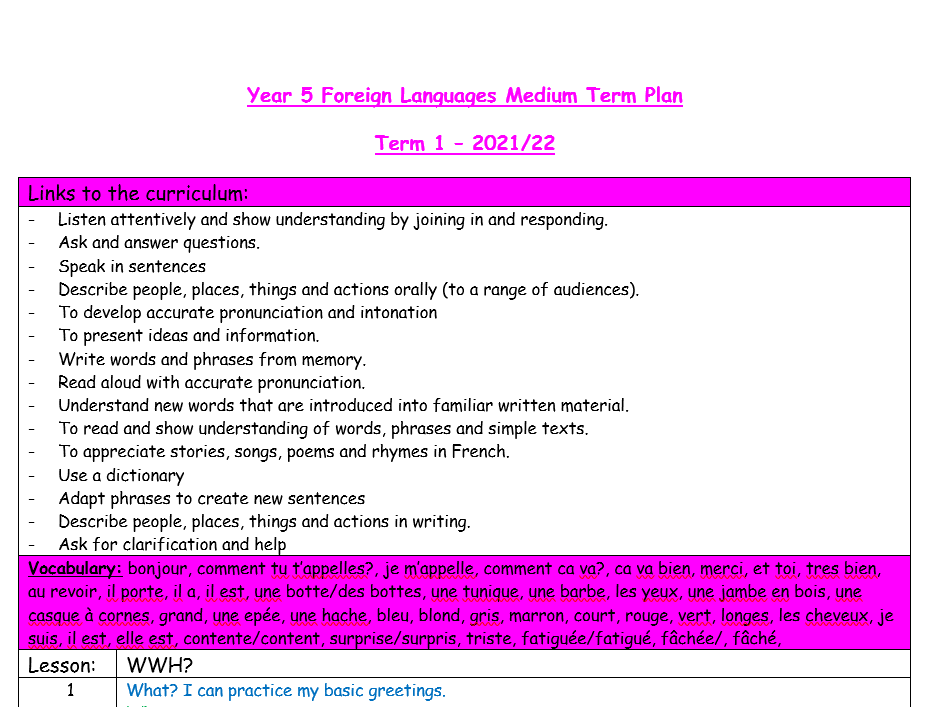 French Medium Term Planning including Slides linked to Vikings