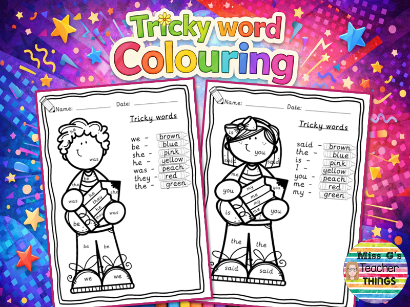 Colouring Tricky word sheets for Reception, Year 1, Year 2