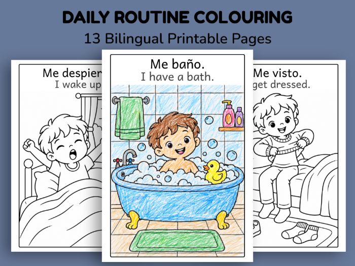 Spanish Coloring Book for Kids - Bilingual Daily Routine Printable, Spanish English