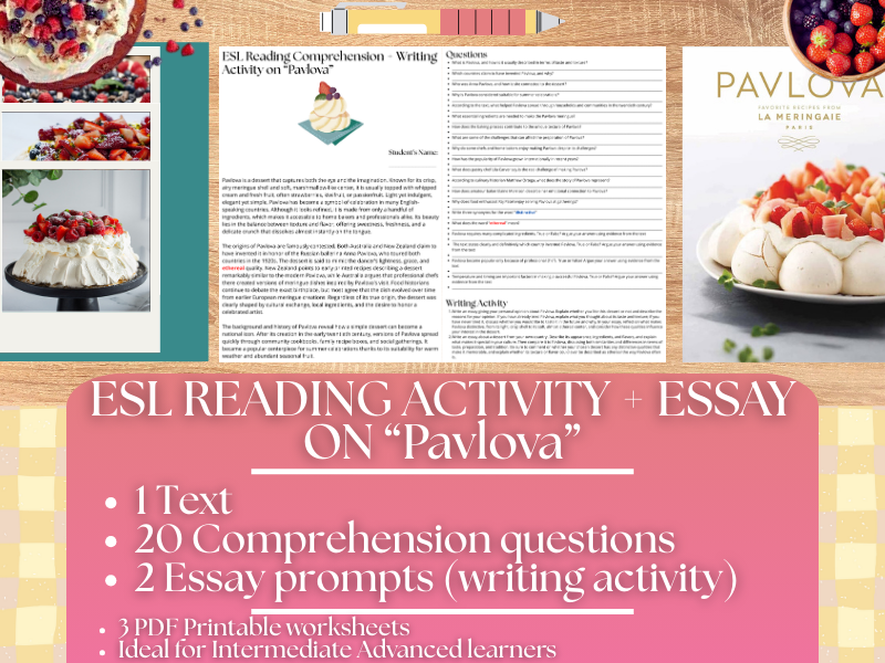 ESL Reading Comprehension + Writing Activity Worksheets - Pavlova - Dessert