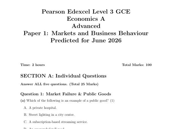 Edexcel A-Level Economics (A) Paper 1 Predicted 2026 – Markets & Business Behaviour. MS included.