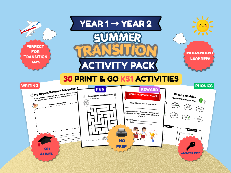 Year 1 to Year 2 Summer Transition Activity Pack | KS1 End of Year Booklet