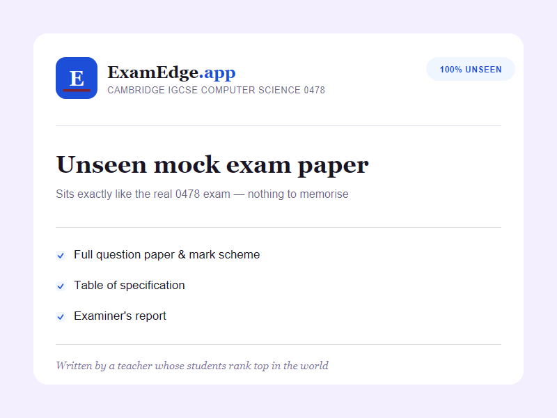 IGCSE Computer Science 0478 Unseen Mock Exam Paper Pack A