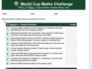 Year 5 World Cup Maths Worksheet with answers