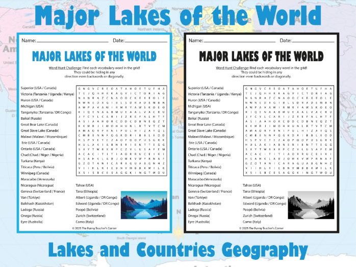 Major Lakes of the World Word Search | Lakes and Countries Geography Activity