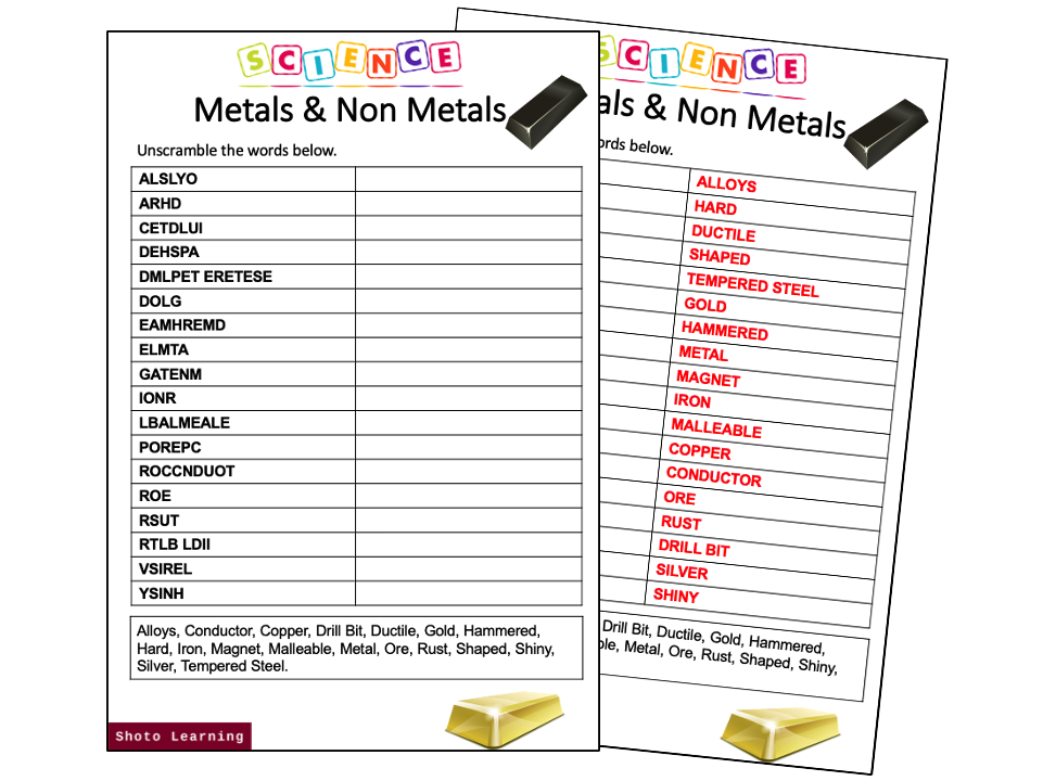 Metals and Non Metals Science Activity - Bundle Scramble Word Finder