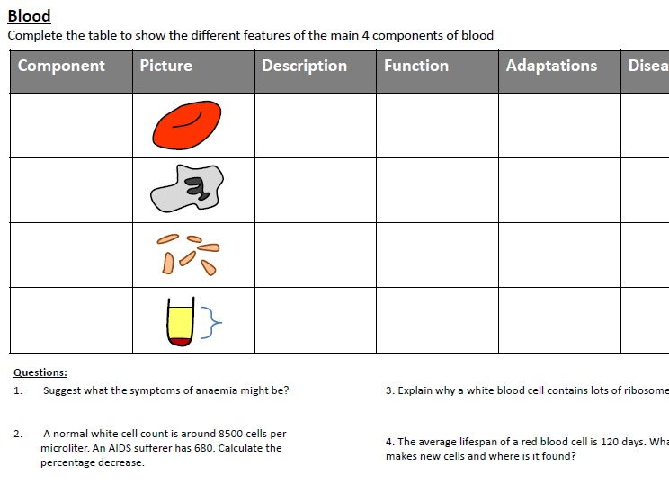 Blood components GCSE cut and stick task with cut-out cards, and with answers