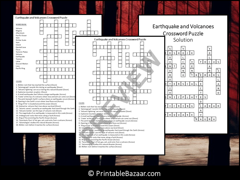 Earthquake And Volcanoes Crossword Puzzle Worksheet Activity Teaching 