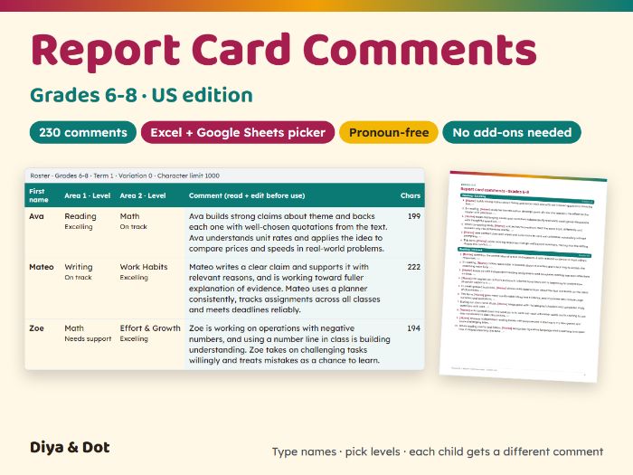 Report Card Comments 6-8 (US) + Picker