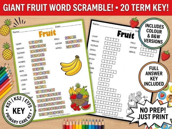 Fruit Word Scramble | Healthy Eating & Science Vocabulary Activity | EYFS KS1 KS2 Years 1-6