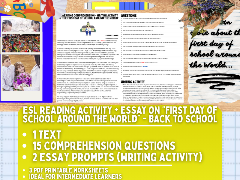 ESL Reading Comprehension + Essay - First Day of School around the World - Back to School