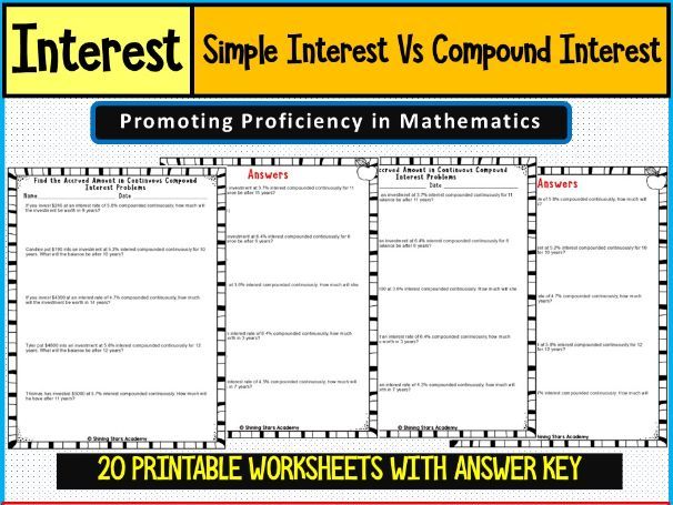 Simple Interest Rate Vs Compound Interest Rate Problems Worksheets Math