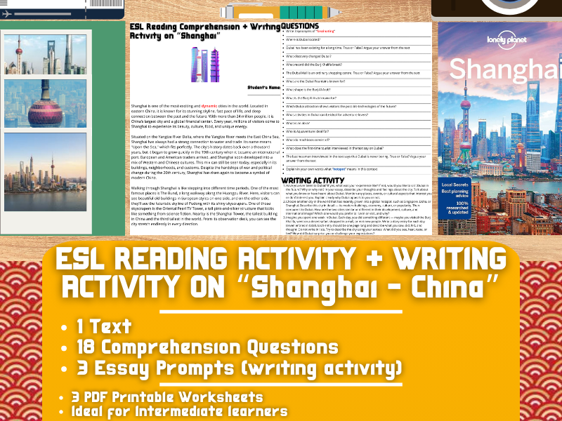 ESL Reading Comprehension + Writing Activity Worksheets on "Shanghai" - China