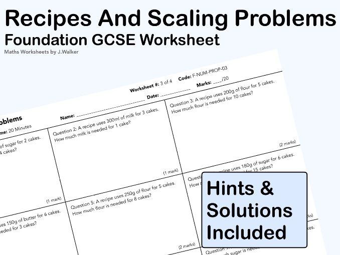 GCSE Maths Worksheet: Recipe and Scaling Problems - Foundation Tier