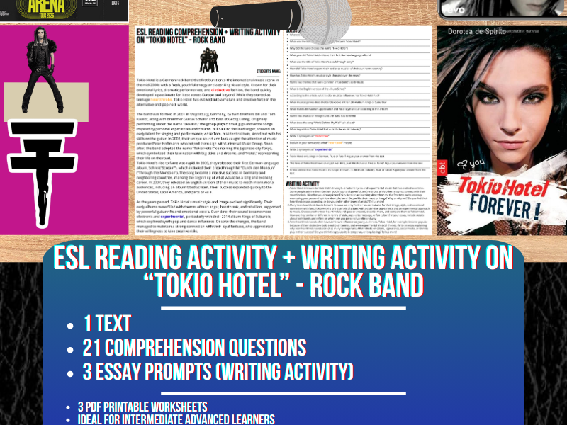ESL Reading Comprehension + Writing Activity Worksheet - Tokio Hotel - Rock Band