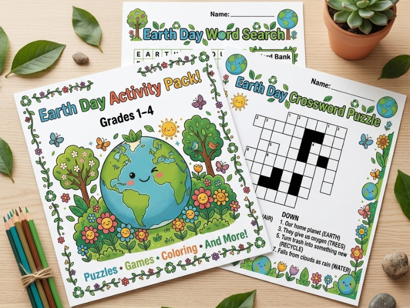 Earth Day Activity Pack Grades 1–4 Printable Worksheets, Puzzles and Literacy Activities