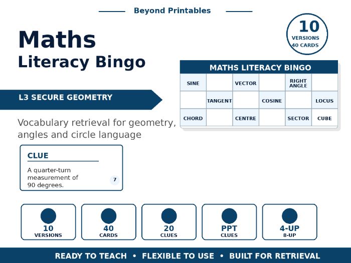 Maths Literacy Bingo: L3 Secure Geometry | 10 Versions | PPT Clues + 40 Cards