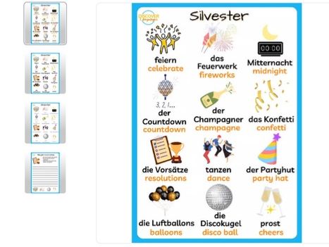 German New Years Eve Vocabulary Worksheet Poster Wordsearch Activity