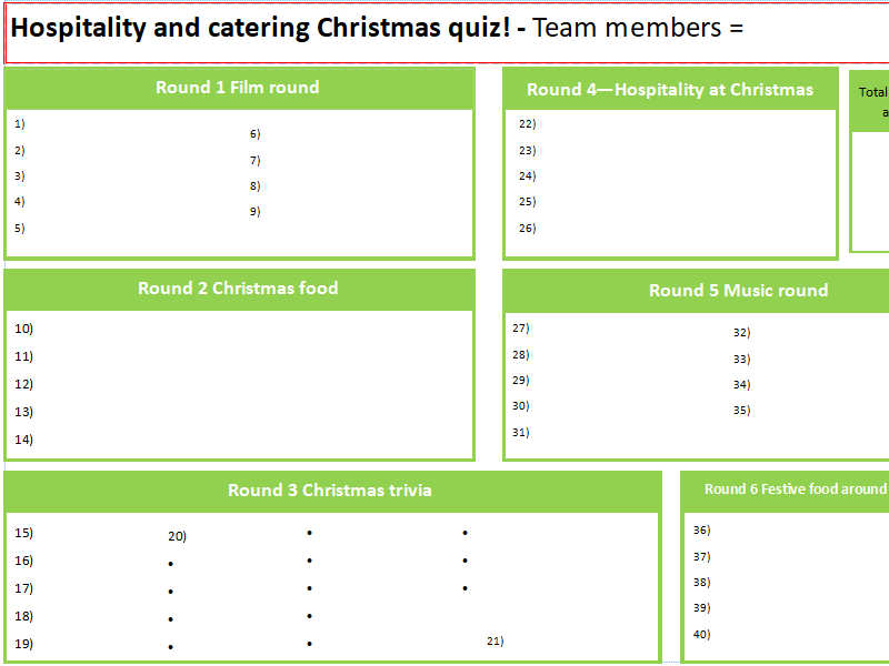 Food Christmas quiz (Hospitality and Catering)