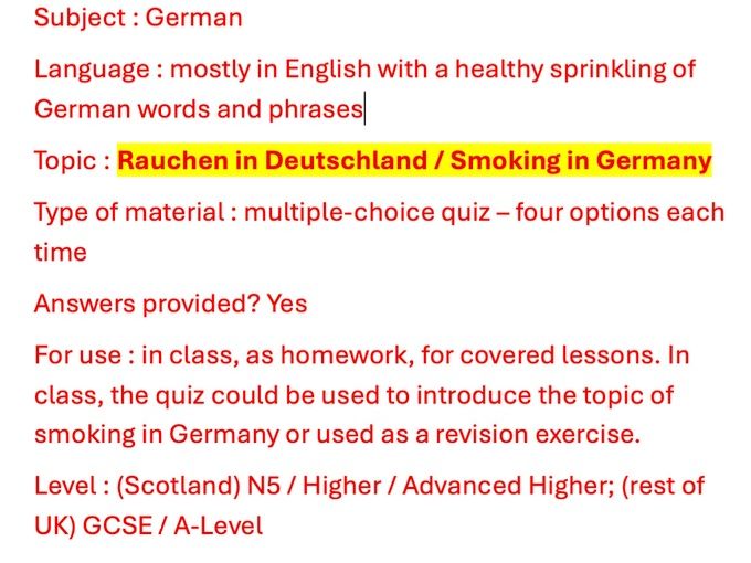 Rauchen in Deutschland, Smoking in Germany, quiz, multiple-choice.