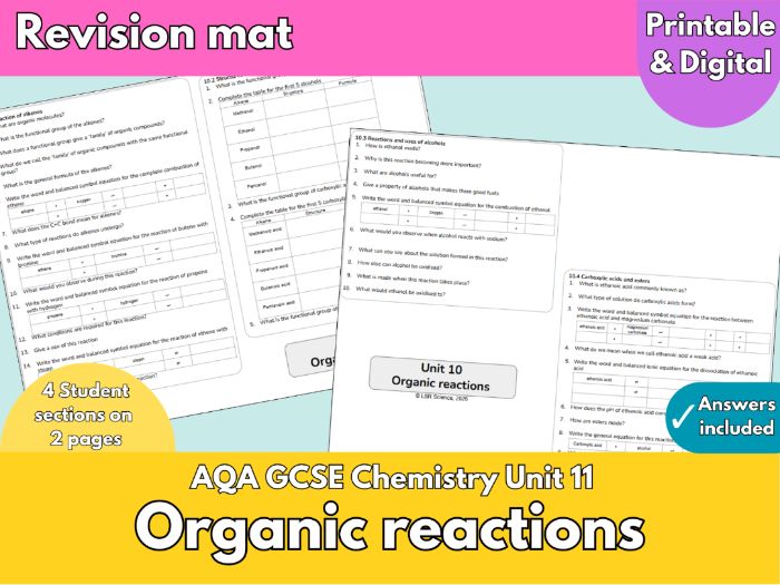 AQA GCSE Chemistry Unit 10 | Organic Reactions Revision Mat | Alkenes, Alcohols & Carboxylic Acid