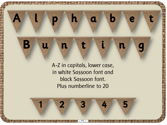 Natural classroom: Alphabet hessian print bunting display letters and numerals to 20