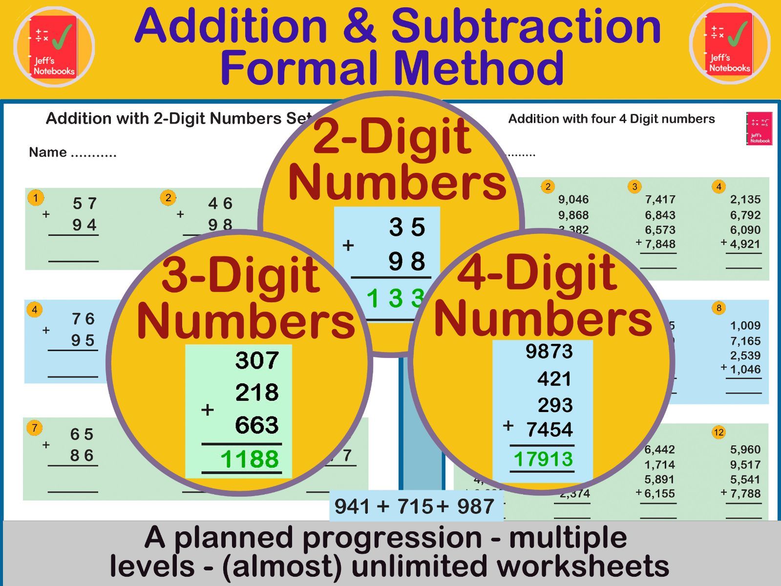 Add & subtract 2,3 & 4-digit numbers - Formal method - Y4 BUNDLE